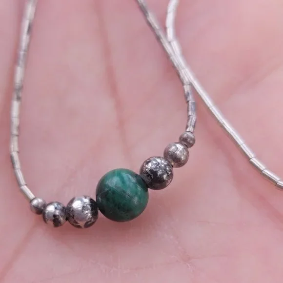 Vintage Native American handmade sterling balls, malachite ball, liquid silver h - Picture 11 of 14